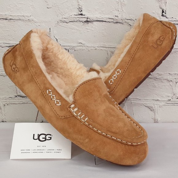 UGG 'ANSLEY' SHEARLING WOOL MOCCOSIAN SLIPPERS 'RICH CHESNUT' SUEDE - Picture 9 of 16
